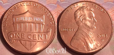 США 1 цент 2013 года D, KM# 468, 226k-097