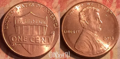 США 1 цент 2014 года D, KM# 468, 415-116