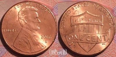 США 1 цент 2016 года D, KM# 468, a140-137