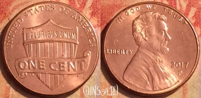 США 1 цент 2017 года P, KM# 468, 210o-115