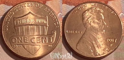 США 1 цент 2017 года P, KM# 468, 472r-002