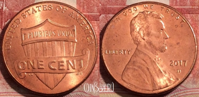 США 1 цент 2017 года D, KM# 468, 214-010
