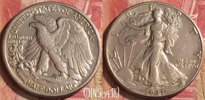 США 50 центов 1941 года Ag, KM# 142, 454o-087 ♛