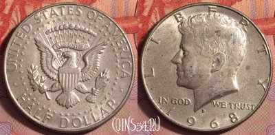 США 50 центов 1968 года D, Ag, KM# 202a, 141j-136