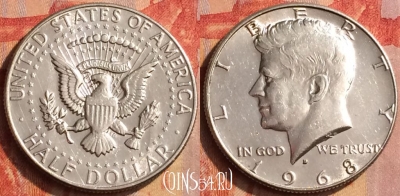 США 50 центов 1968 года D, Ag, KM# 202a, 195o-075