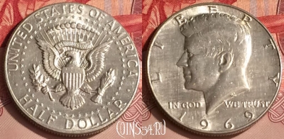 США 50 центов 1969 года D, Ag, KM# 202a, 304o-104