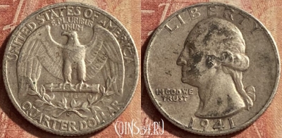 США 25 центов 1941 года, Ag, KM# 164, 129p-140 ♛
