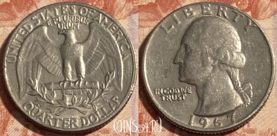 США 25 центов 1967 года, KM# 164a, 498р-115 ♛