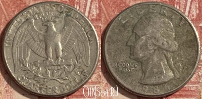 США 25 центов 1986 P, KM# 164a, 482р-108