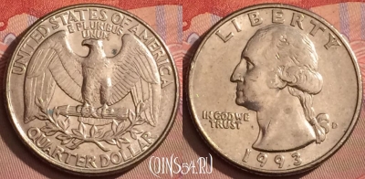 США 25 центов 1993 D, KM# 164a, 094l-008