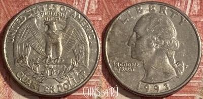 США 25 центов 1993 года P, KM# 164a, 474r-121