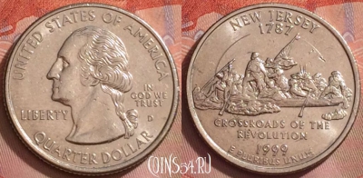США 25 центов 1999 года D, Нью-Джерси, KM# 295, 272k-025
