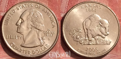 США 25 центов 2005 года D, Канзас, KM# 373, 257l-093