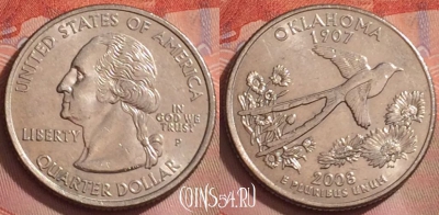 США 25 центов 2008 года P, Оклахома, KM# 421, 272k-094