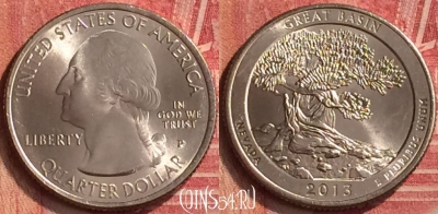 США 25 центов 2013 года P, 18 парк, KM# 544, UNC, 219m-076