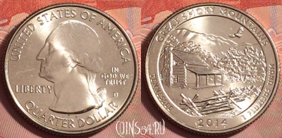 США 25 центов 2014 года D, 21 парк, KM# 566, UNC, 181k-093