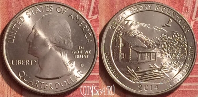 США 25 центов 2014 года D, 21 парк, KM# 566, UNC, 221m-100