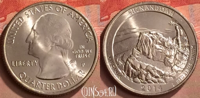 США 25 центов 2014 года P, 22 парк, KM# 567, UNC, 253m-116