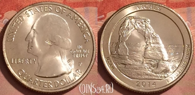 США 25 центов 2014 г. P, парк 23, KM# 568, UNC, 214l-021