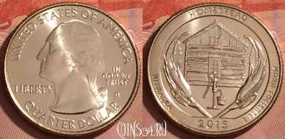 США 25 центов 2015 г. D, парк 26, KM# 597, UNC, 212l-068