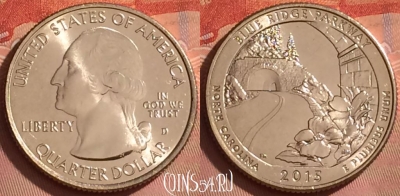 США 25 центов 2015 г. D, парк 28, KM# 599, UNC, 212l-088