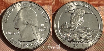США 25 центов 2018 D, Block Island, 45 парк, UNC, 512s-053