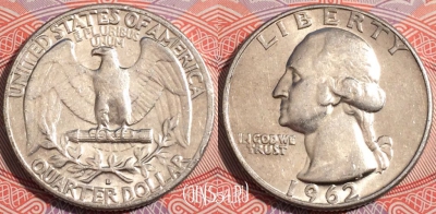 США 25 центов (квотер) 1962 года D, Ag, KM# 164, a137-062
