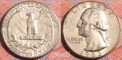 США 25 центов (квотер) 1963 года, Ag, KM# 164, a137-063