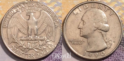 США 25 центов (квотер) 1990 года D, KM# 164a, 204-128