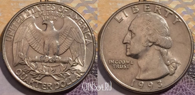 США 25 центов (квотер) 1993 года P, KM# 164a, 202-062