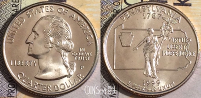 США 25 центов (квотер) 1999 года P, KM# 294, UNC, 160-047