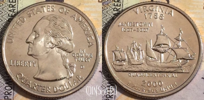 США 25 центов (квотер) 2000 года D, KM# 309, UNC, 160-038