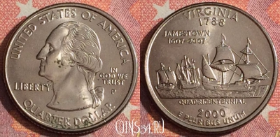 США 25 центов (квотер) 2000 года P, KM# 309, 356-054