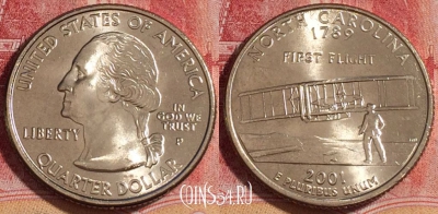 США 25 центов (квотер) 2001 года P, KM# 319, UNC, 262-073