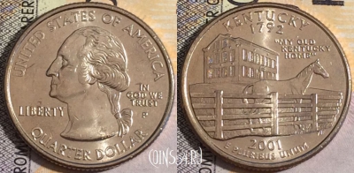 США 25 центов (квотер) 2001 года P, KM# 322, UNC, 160-022