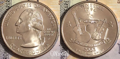 США 25 центов (квотер) 2002 года P, KM# 331, UNC, 160-055