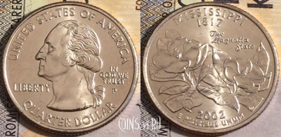 США 25 центов (квотер) 2002 года P, KM# 335, UNC, 160-044