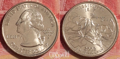 США 25 центов (квотер) 2002 года P, KM# 335, UNC, 262-047