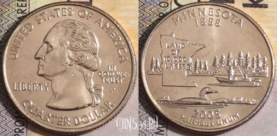 США 25 центов (квотер) 2005 года P, KM# 371, UNC, 160-040