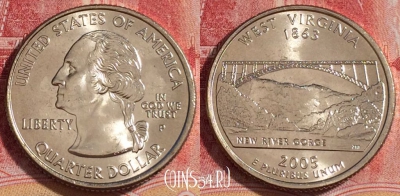 США 25 центов (квотер) 2005 года P, KM# 374, UNC, 262-051