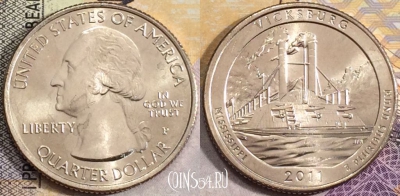 США 25 центов (квотер) 2011 года P, Виксбург, UNC, 156-103