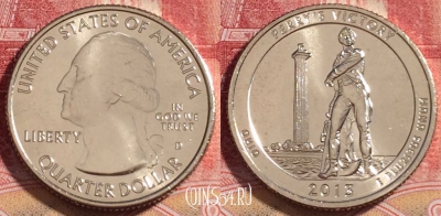 США 25 центов (квотер) 2013 года D, KM# 543, UNC, 262-012