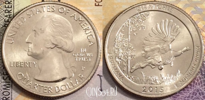 США 25 центов (квотер) 2015 года P, KM# 598, aUNC, 156-114
