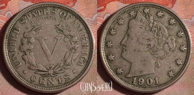 США 5 центов 1901 года, KM# 112, 103f-020
