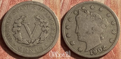 США 5 центов 1902 года, KM# 112, 107p-024 ♛