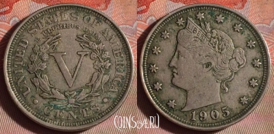 США 5 центов 1905 года, KM# 112, 103f-023