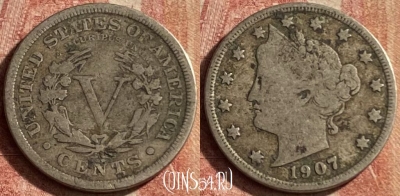 США 5 центов 1907 года, KM# 112, 108p-070 ♛