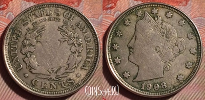 США 5 центов 1908 года, KM# 112, 103f-025