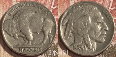 США 5 центов 1937 года, KM# 134, 090s-037 ♛