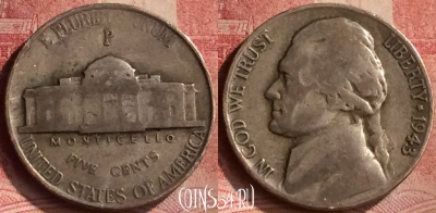 США 5 центов 1943 P, Ag, KM# 192a, 144m-142 ♛